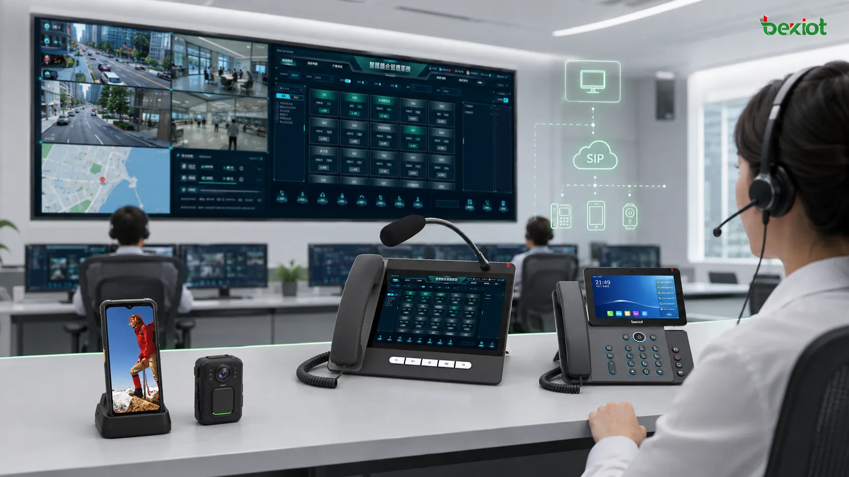 Arquitectura de consola de despacho con video que combina teléfono con video pantalla grande software de mando señales de cámara y comunicación SIP