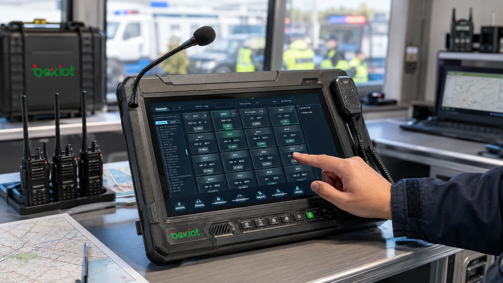 Consola portátil de despacho de voz gestionando grupos temporales de radio con operación de panel táctil en puesto de mando de emergencia