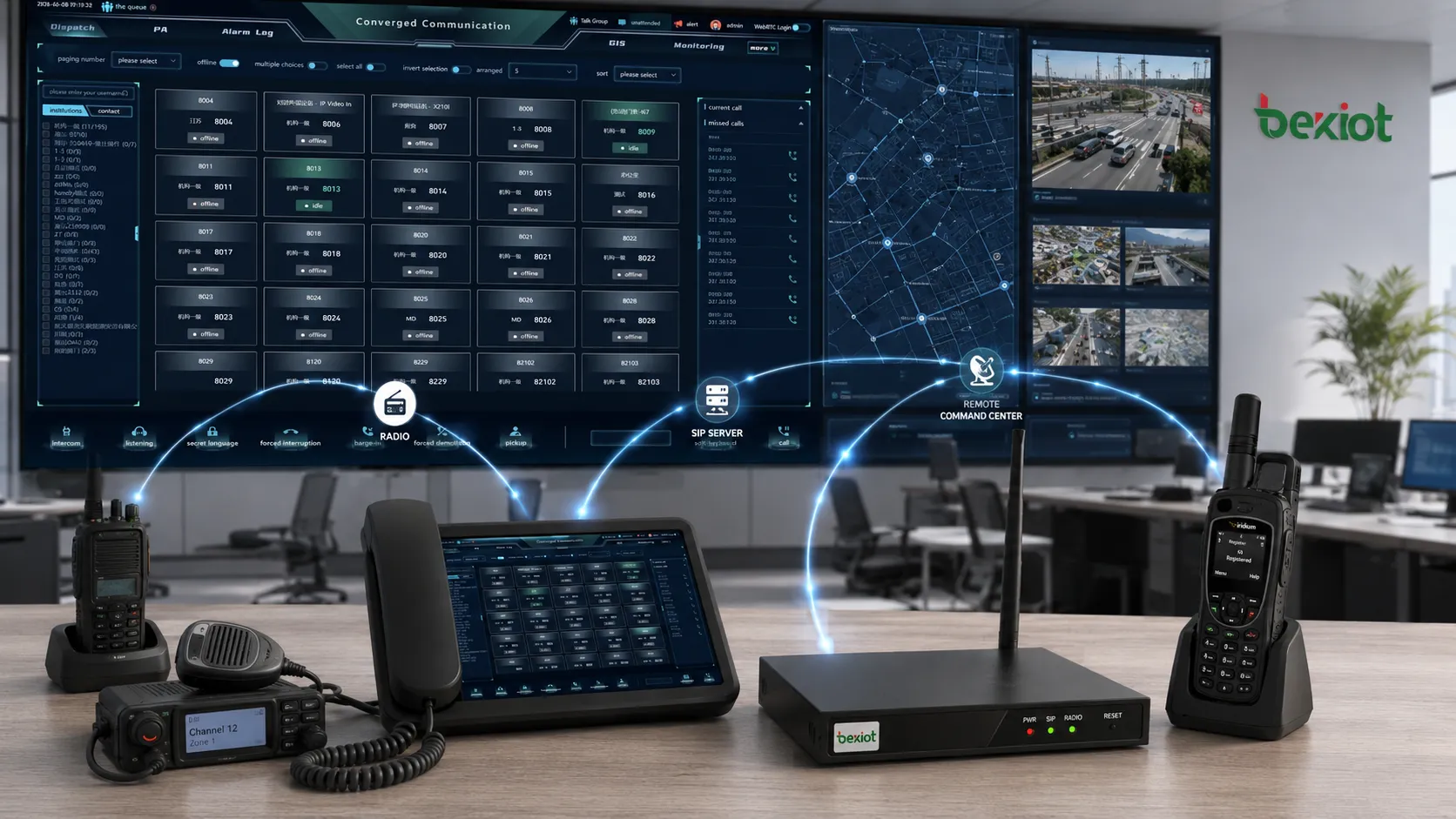 Arquitectura de integración con pasarela RoIP consola portátil de despacho de voz servidor SIP teléfono satelital y centro de mando remoto