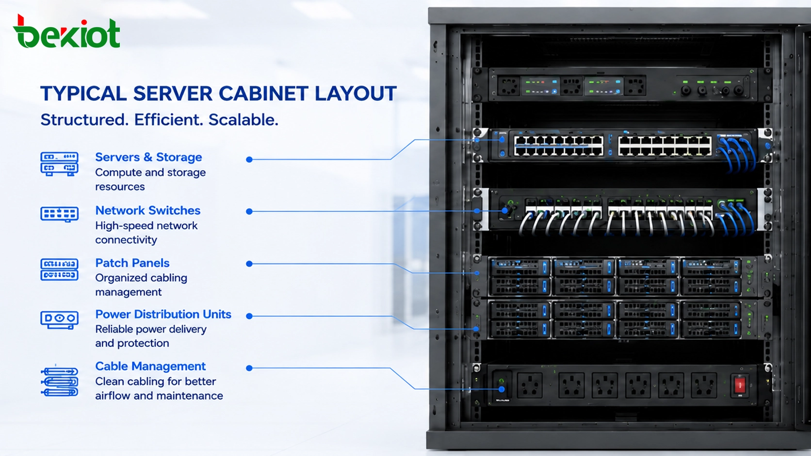 Distribución de gabinete de servidor telecom con switch de red gateway servidor panel de parcheo y unidades de distribución de energía