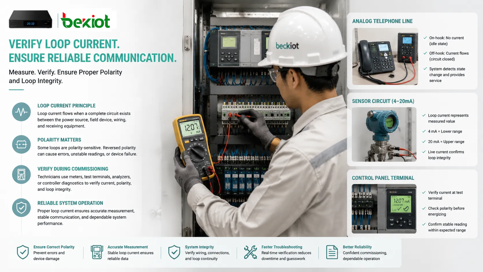 Técnico midiendo corriente de bucle con multímetro en línea telefónica analógica circuito de sensor y terminal de panel de control