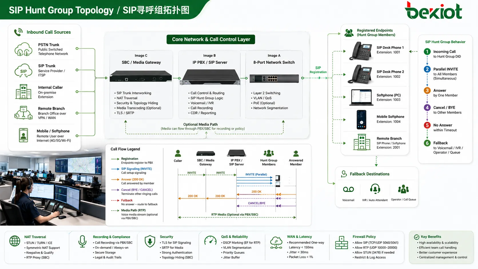 Topología SIP de grupo de búsqueda con IP PBX servidor SIP SBC sucursales remotas softphones y teléfonos de escritorio