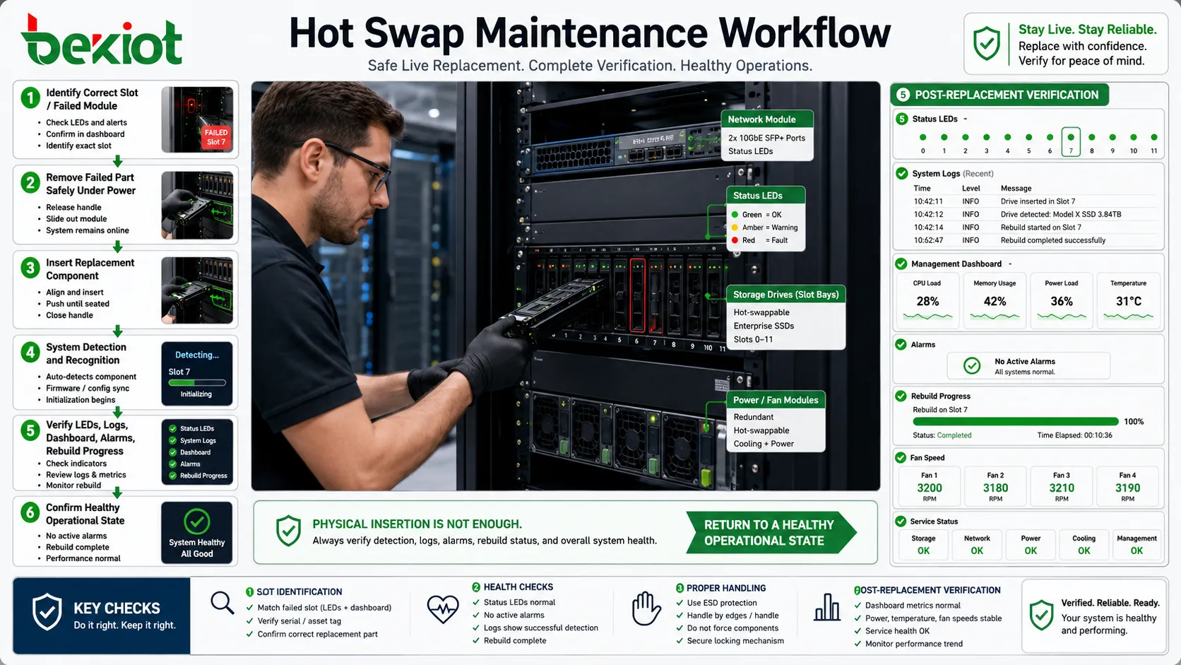 Técnico de oficina realizando mantenimiento hot swap con servidor en rack etiquetado, unidad de almacenamiento e indicadores de módulo de red