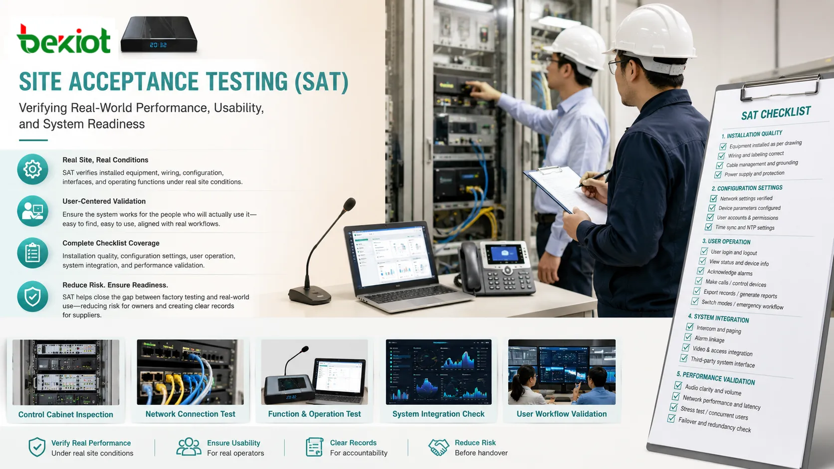 Lista de Site Acceptance Testing que cubre calidad de instalación configuración operación del usuario y verificación de integración