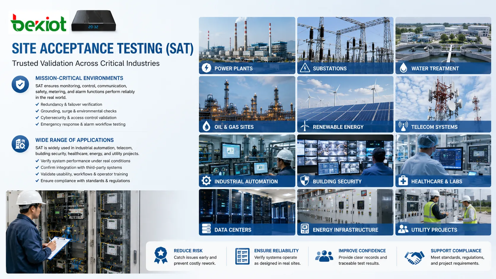 Aplicaciones de Site Acceptance Testing en automatización industrial telecomunicaciones seguridad de edificios salud y proyectos de energía y servicios públicos