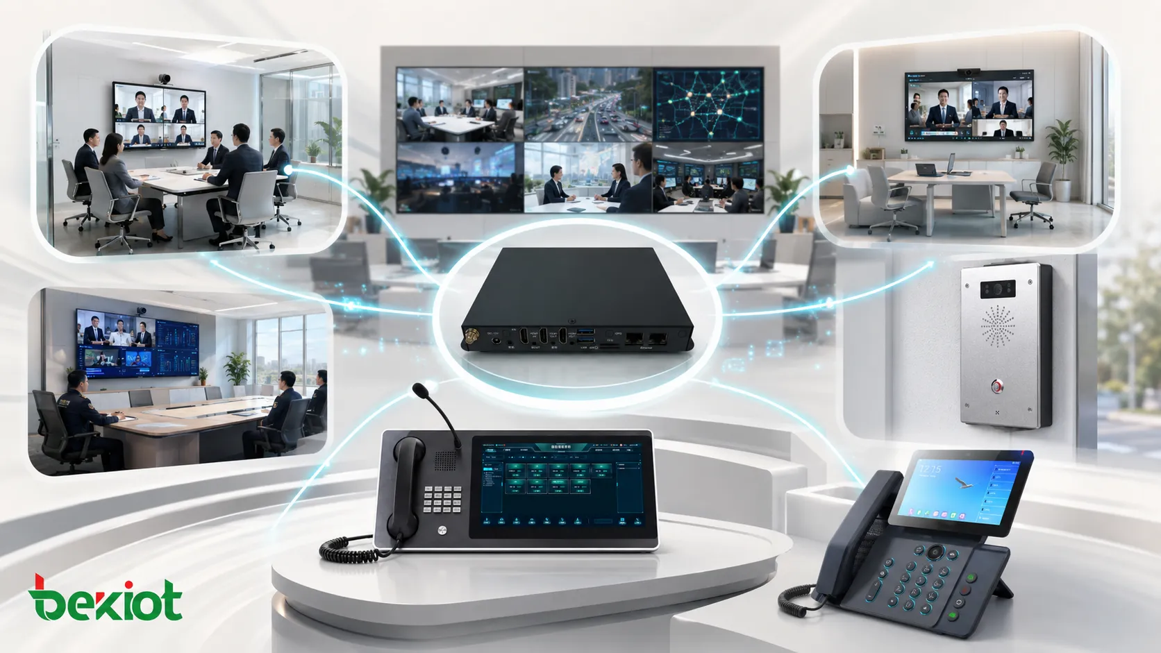 Centro de comando multid departamental que conecta diferentes sistemas de videoconferencia a través de una puerta de enlace