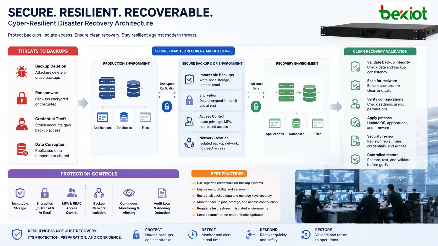 Diseño de ciberseguridad para recuperación ante desastres con copias inmutables replicación cifrada control de acceso y validación limpia