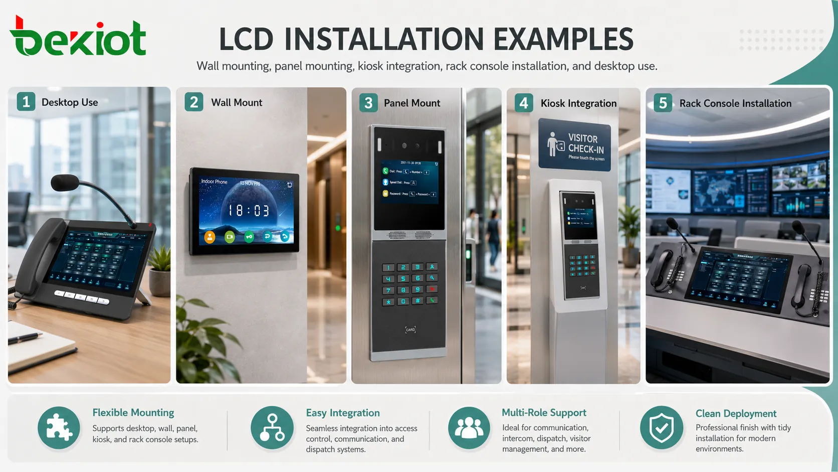 Opciones de instalación LCD con montaje mural VESA, montaje en panel, integración en quiosco, consola en rack y monitor de escritorio