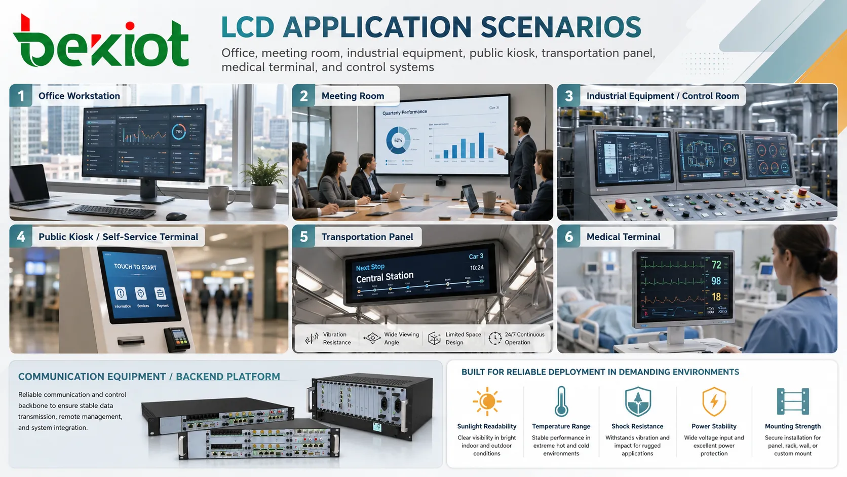 Aplicaciones LCD en sala de reuniones de oficina, equipo industrial, quiosco público, panel de transporte y terminal médico