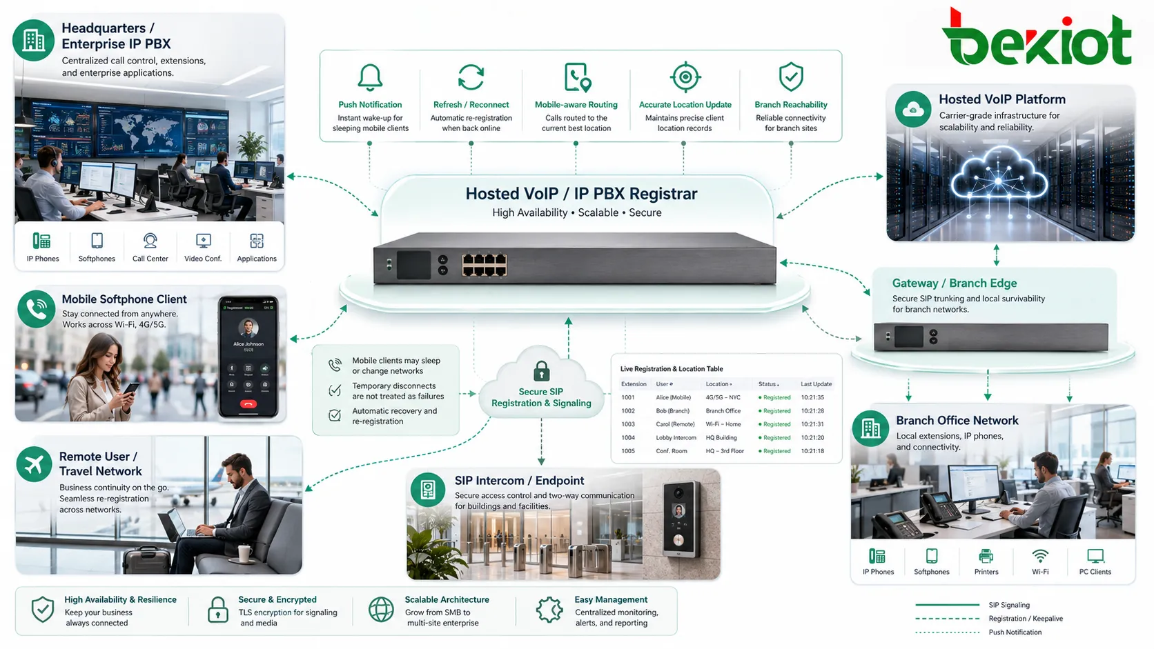 Aplicaciones del servidor Registrar en IP PBX empresarial VoIP alojado red de sucursal softphone móvil e intercomunicación SIP