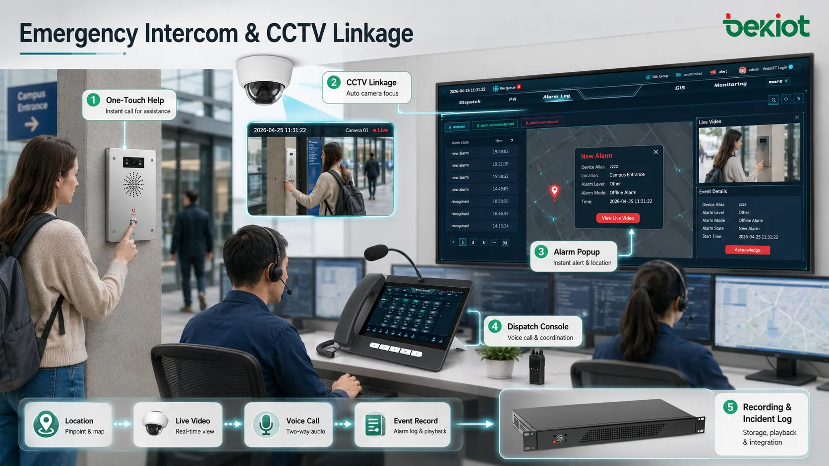 Terminal de intercomunicación de emergencia enlazado con cámara CCTV mapa GIS ventana de alarma y consola de despacho
