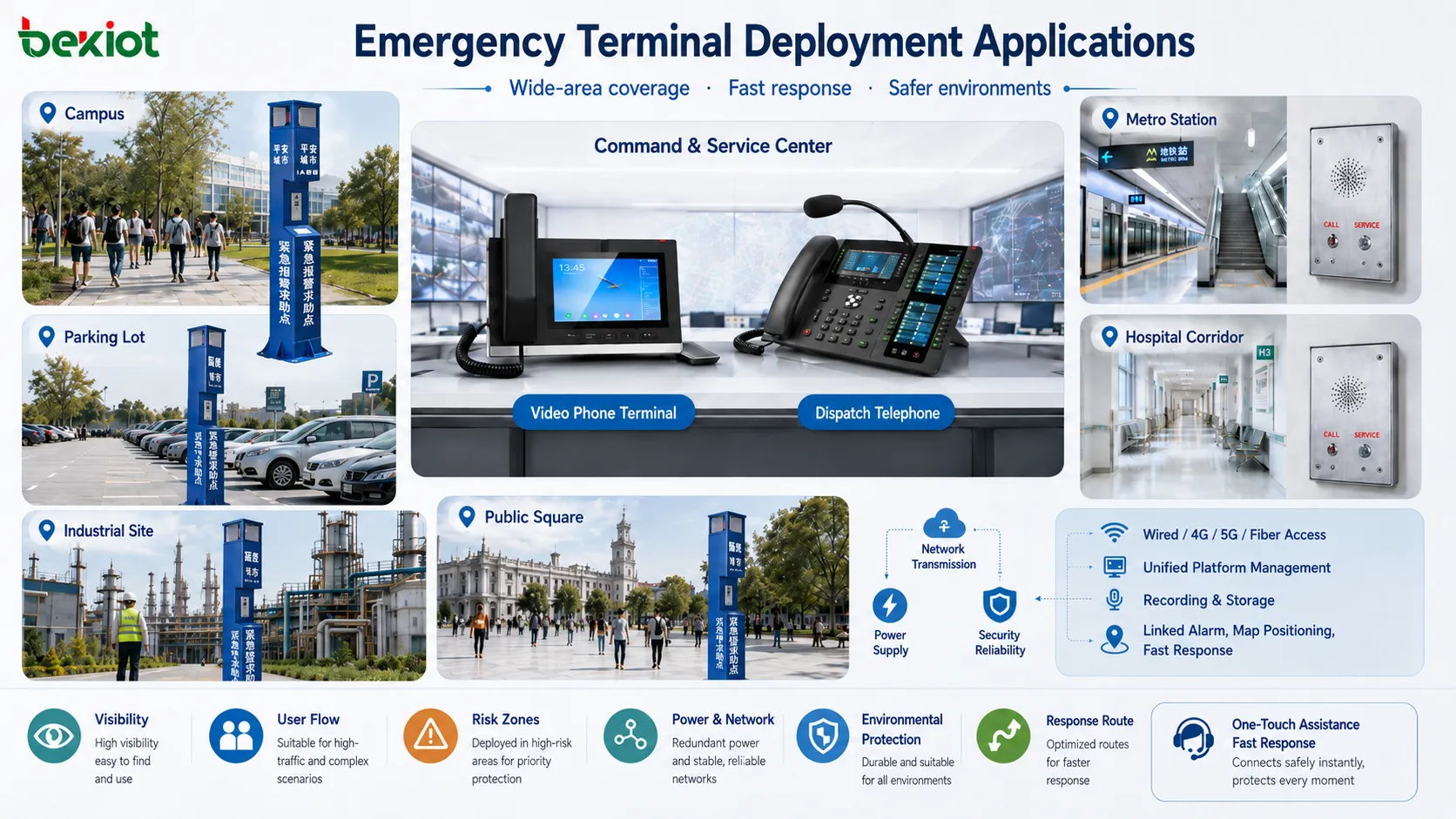 Despliegue de sistema de asistencia por terminal en campus estacionamiento estación de metro corredor hospitalario sitio industrial y plaza pública