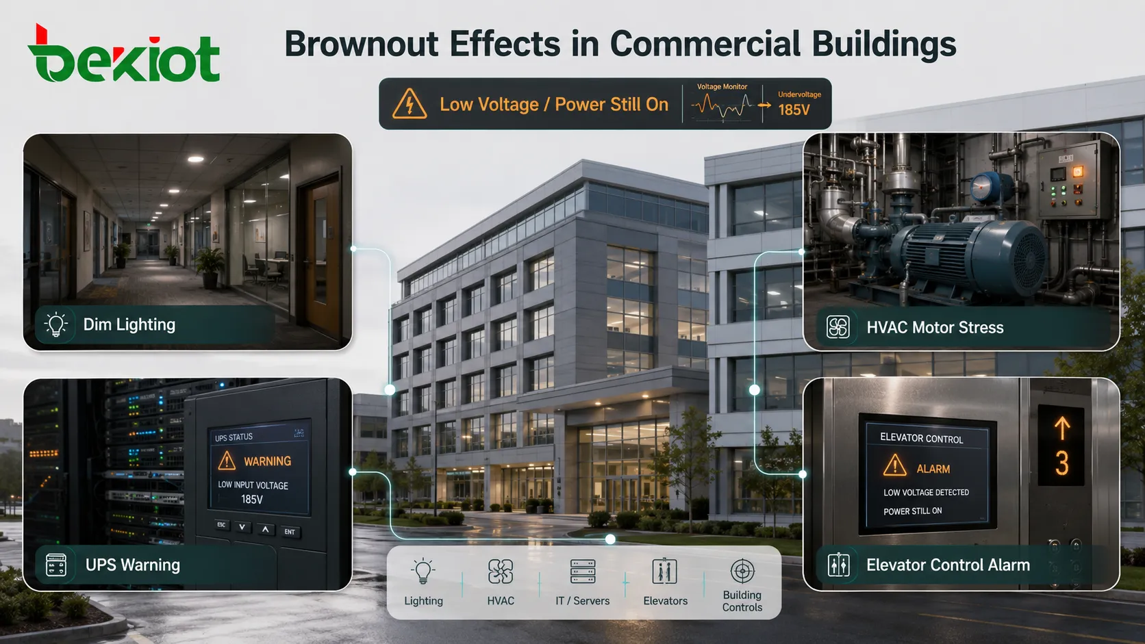 Efectos de brownout en edificio comercial con iluminación LED tenue estrés en motor HVAC advertencia UPS y alarma de control de ascensor