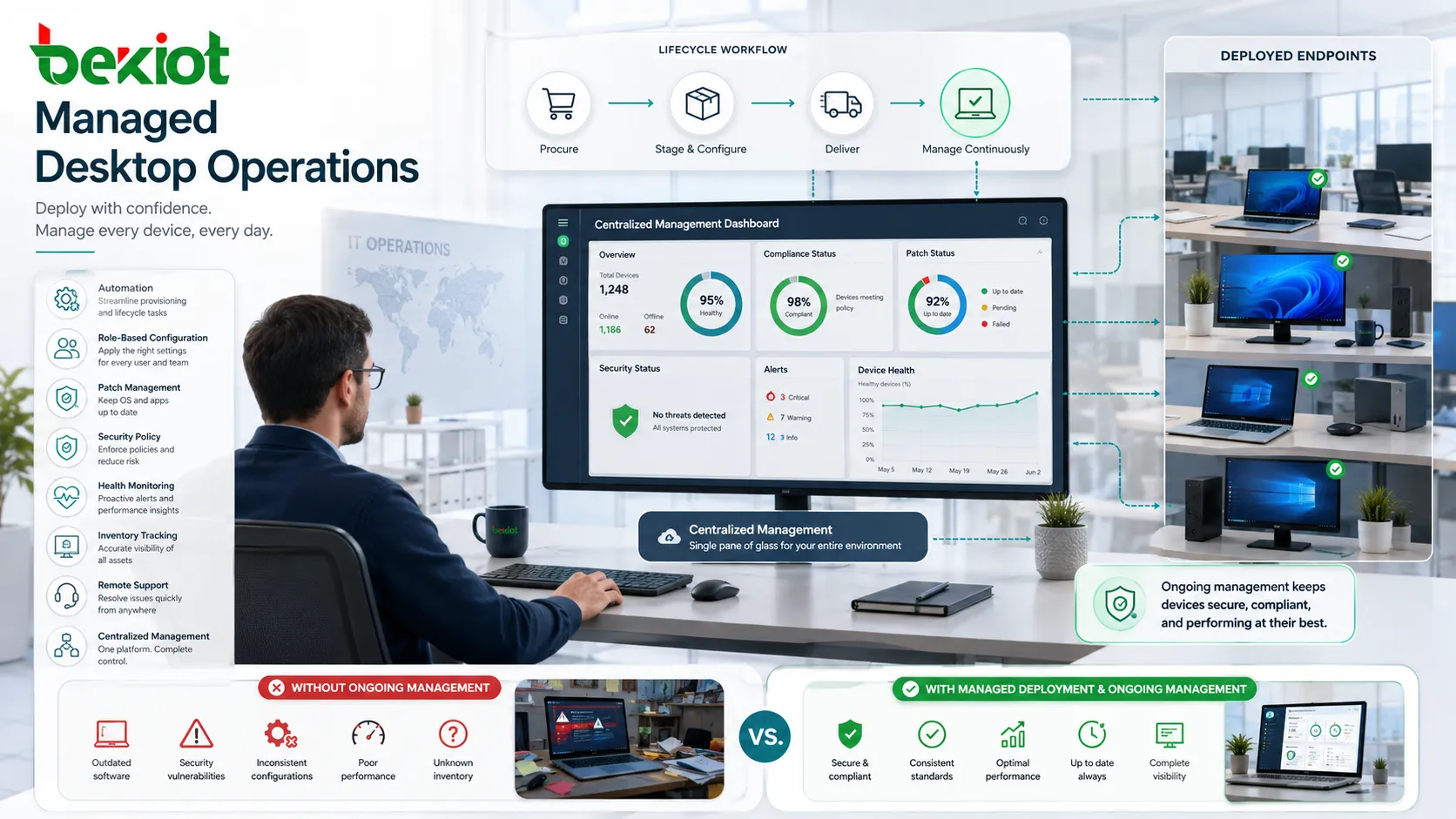 Implementación de escritorios gestionada con automatización, configuración por roles, gestión de parches, política de seguridad y panel de soporte remoto