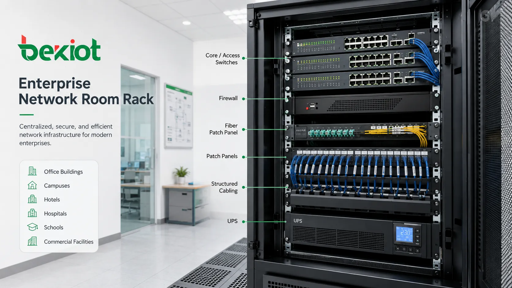 Rack de sala de red empresarial con conmutadores cortafuegos router panel de fibra SAI etiquetas de cables y cableado estructurado