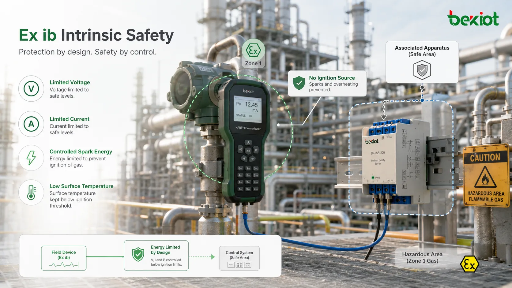 Concepto de protección Ex ib de seguridad intrínseca limitando tensión corriente energía de chispa y temperatura superficial en zona de gas peligroso