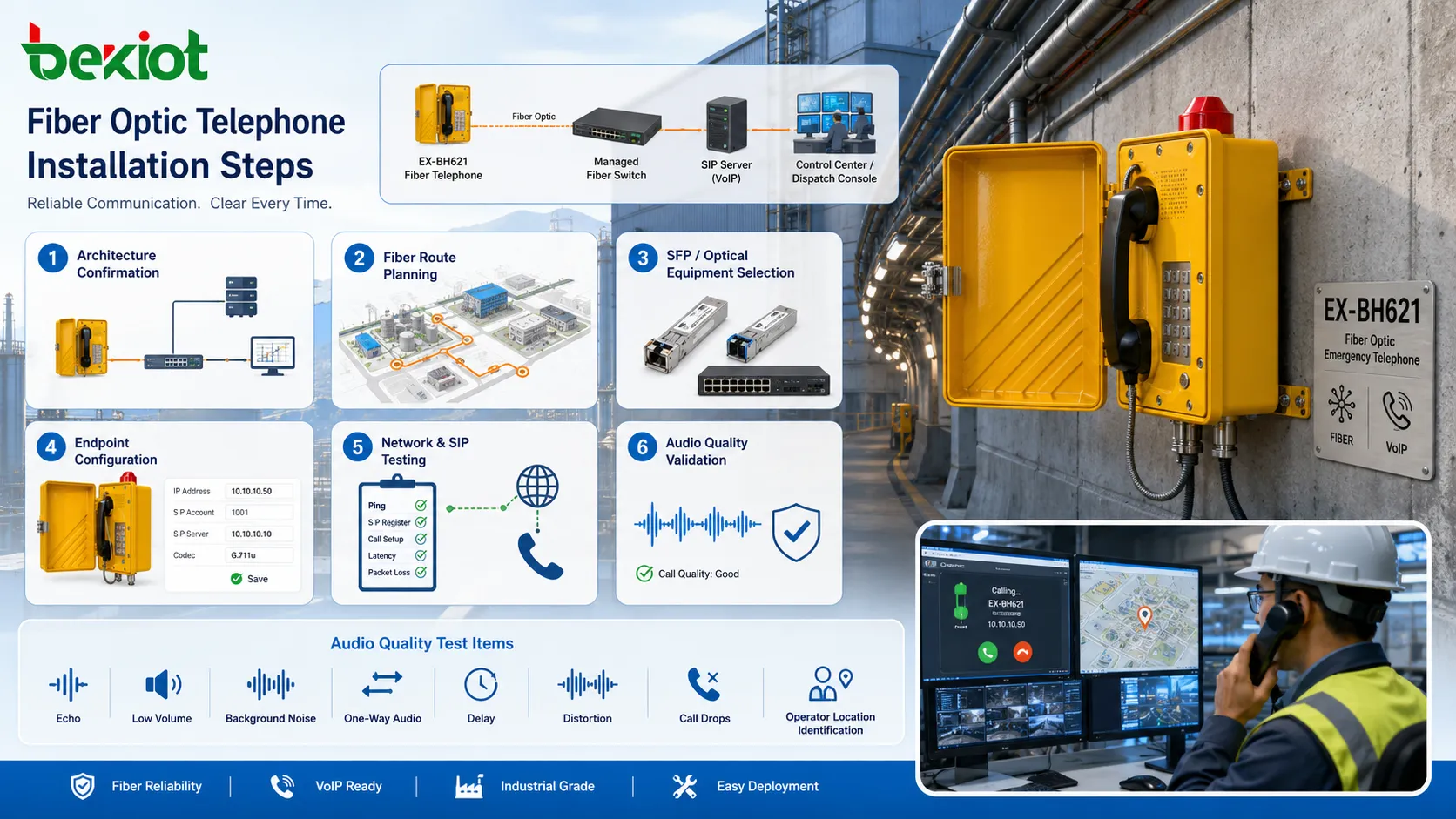 Pasos de instalación de teléfono de fibra óptica con planificación de ruta de fibra módulo SFP panel de parcheo prueba de teléfono SIP y validación de calidad de audio