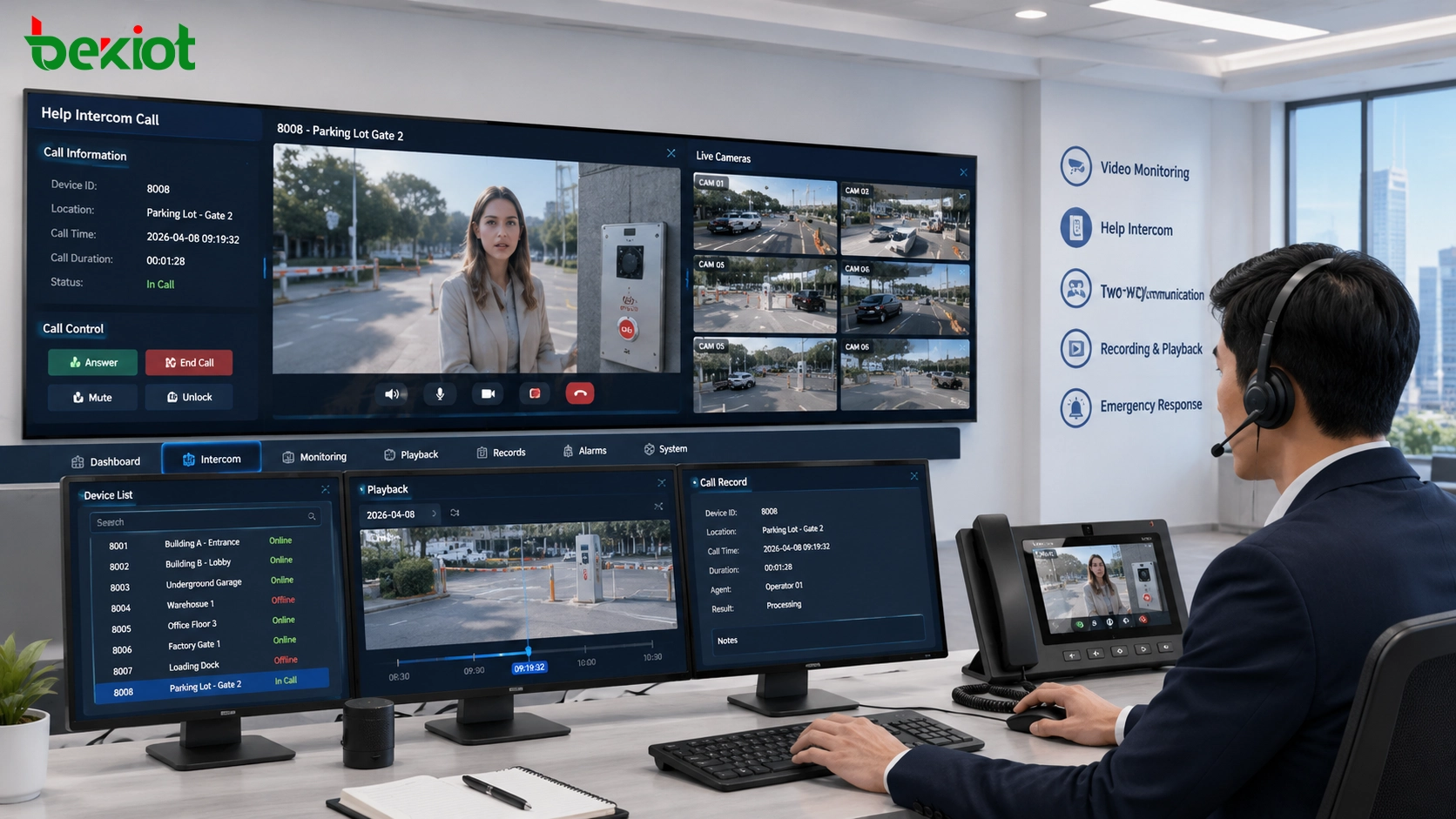 Operador de sala de control manejando una llamada de intercomunicación de ayuda con verificación de cámara en vivo y acceso a grabaciones