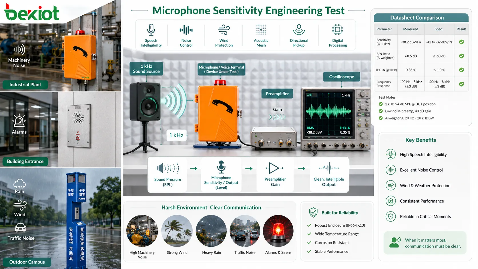 Prueba de ingeniería de sensibilidad de micrófono con cámara acústica, fuente de 1 kHz, preamplificador, osciloscopio y comparación de hoja de datos