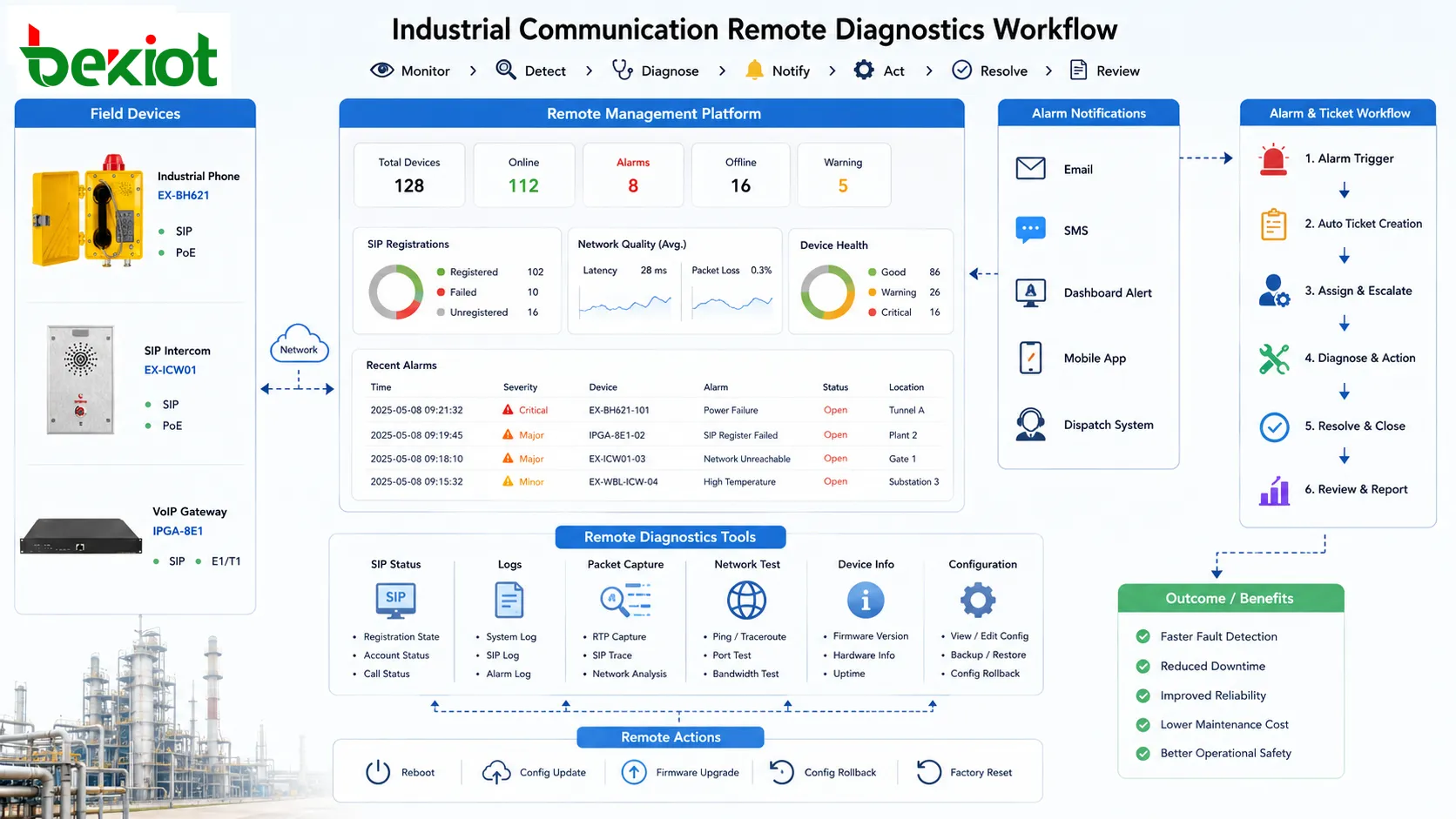 Flujo de diagnóstico remoto para teléfono industrial gateway e intercomunicador con registro SIP captura de paquetes ticket de alarma y reversión de configuración