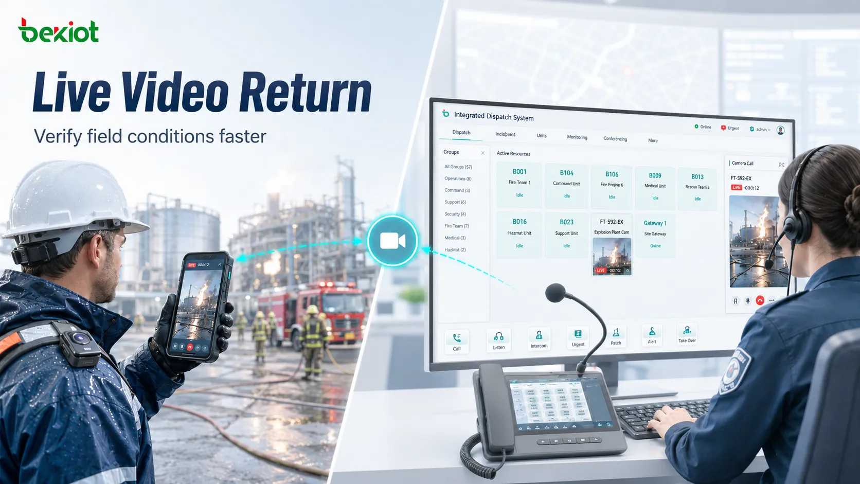 Trabajador de campo enviando video en vivo a un centro de despacho durante una tarea de coordinación de emergencias