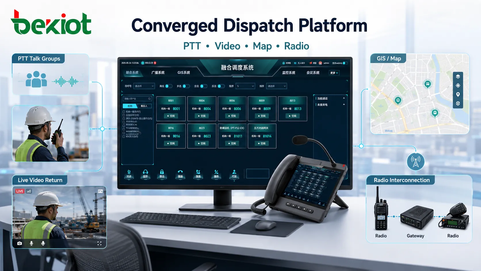 Plataforma de despacho convergente que integra grupos de conversación PTT, retorno de video, mapa electrónico e interconexión con radio privada
