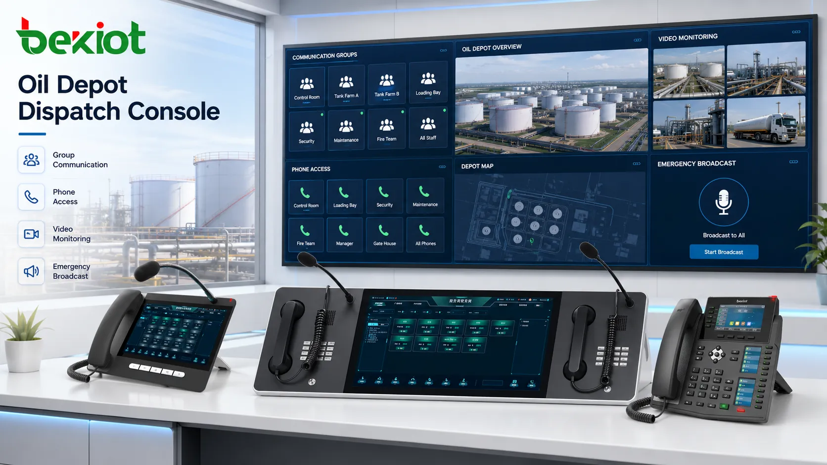Consola de despacho de depósito de petróleo que muestra grupos de comunicación, acceso telefónico, videovigilancia y control de difusión de emergencia