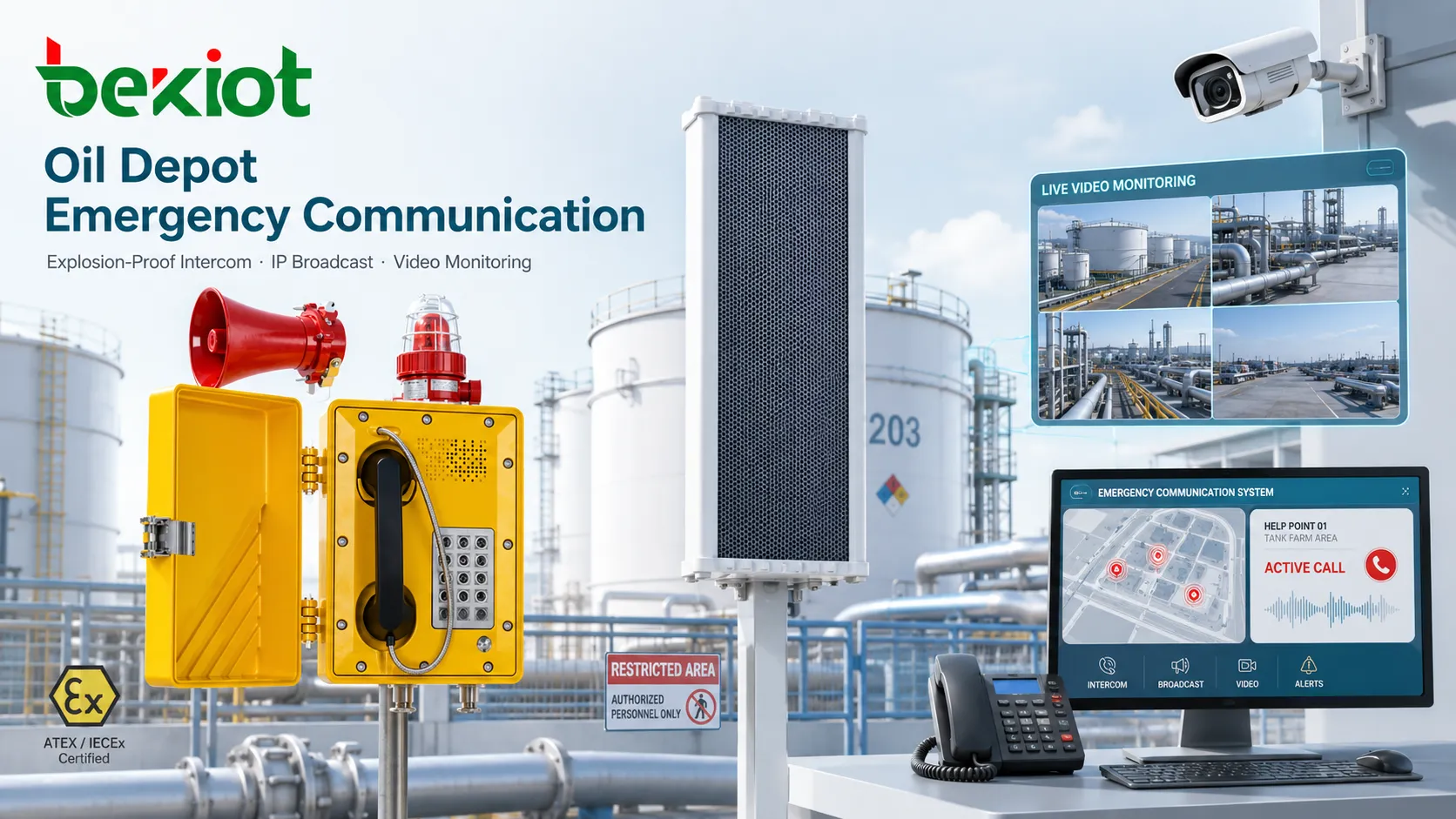 Punto de ayuda con interfono a prueba de explosiones, bocina de difusión IP y videovigilancia utilizados para la comunicación de emergencia en un depósito de petróleo