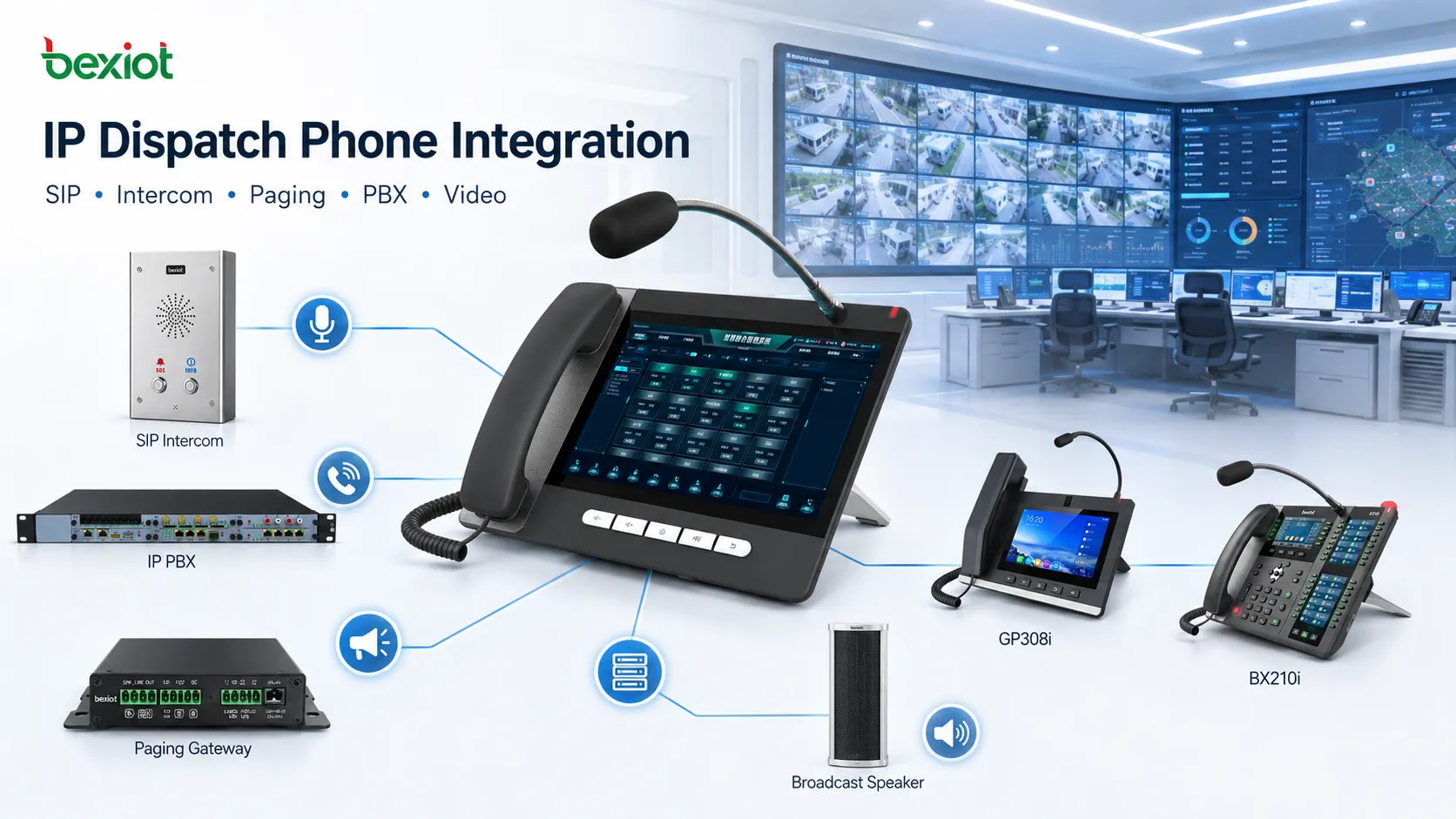 Teléfono IP de despacho integrado con interfono SIP, IP PBX, pasarela de megafonía, terminal de video y sala de control de seguridad