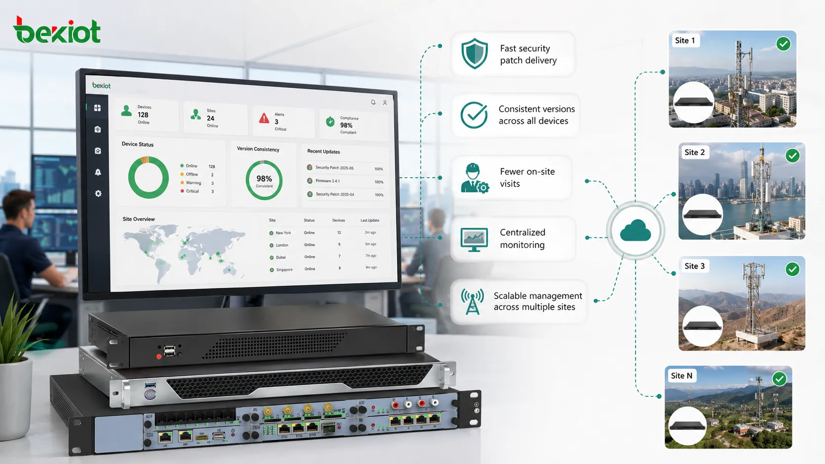 Ventajas de la actualización remota con entrega de parches de seguridad consistencia de versiones menos visitas al sitio y panel de monitoreo multidispositivo