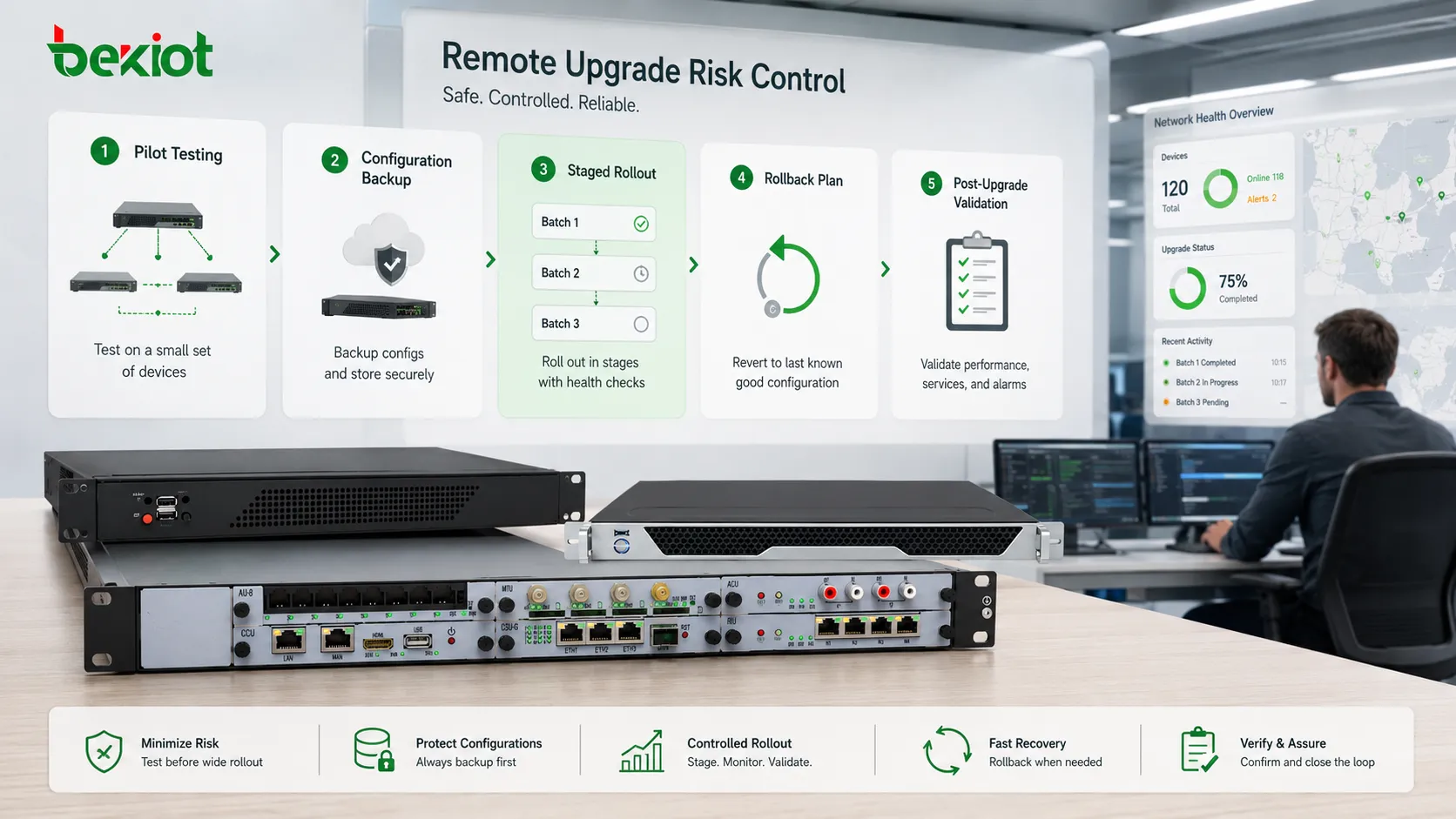Control de riesgos de actualización remota con prueba piloto copia de seguridad despliegue por etapas plan de reversión y lista de validación posterior