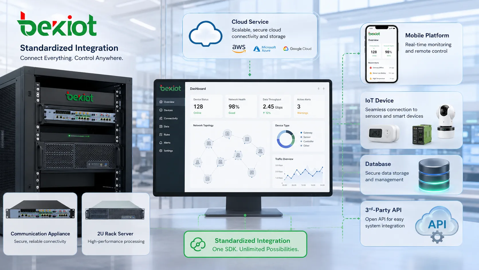 Beneficios de integración del SDK mostrando una aplicación conectada a servicio en la nube, plataforma móvil, dispositivo IoT, base de datos y API de terceros