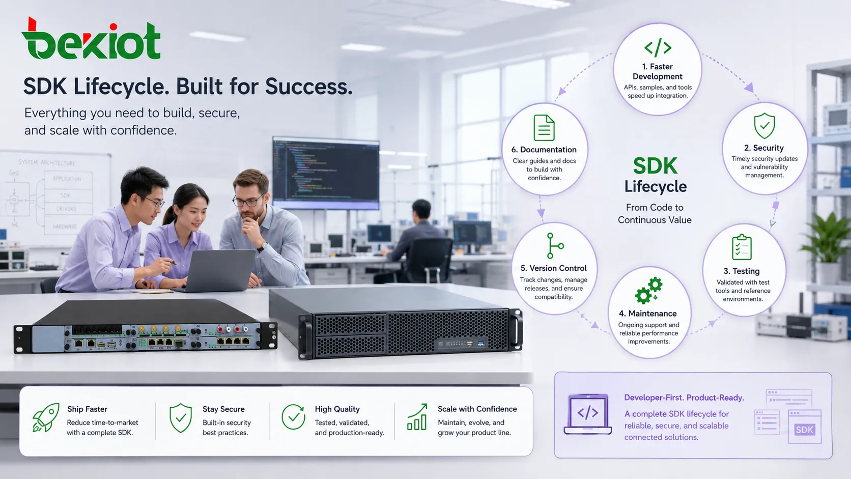 Ciclo de beneficios del SDK con desarrollo más rápido, actualizaciones de seguridad, pruebas, mantenimiento, control de versiones y documentación para desarrolladores