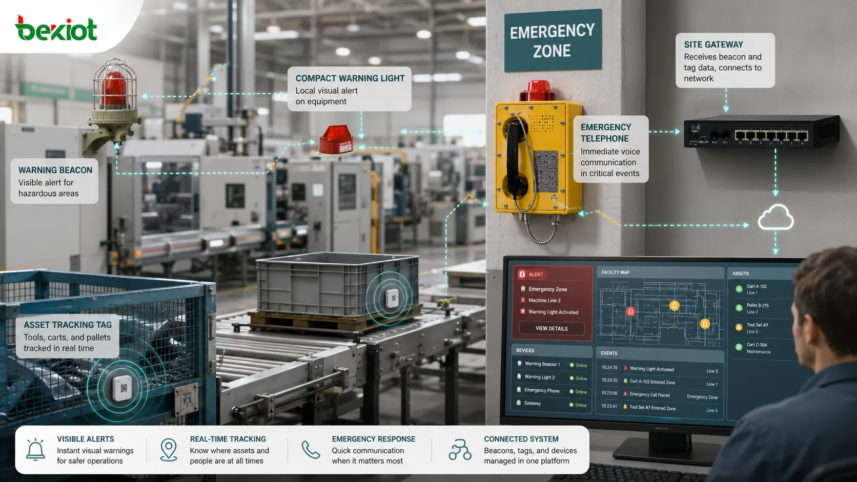 Despliegue de balizas industriales mostrando luz de advertencia en línea de máquina, zona de emergencia, etiqueta de seguimiento de activos, pasarela y panel del operador