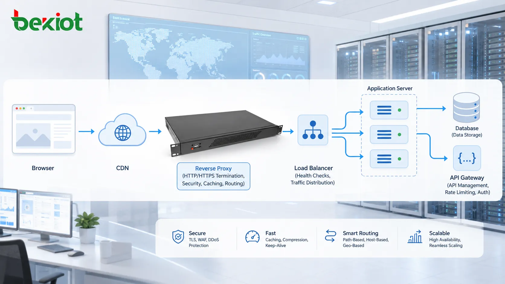 Arquitectura de entrega web HTTP con navegador, CDN, proxy inverso, balanceador de carga, servidor de aplicación, base de datos y pasarela API
