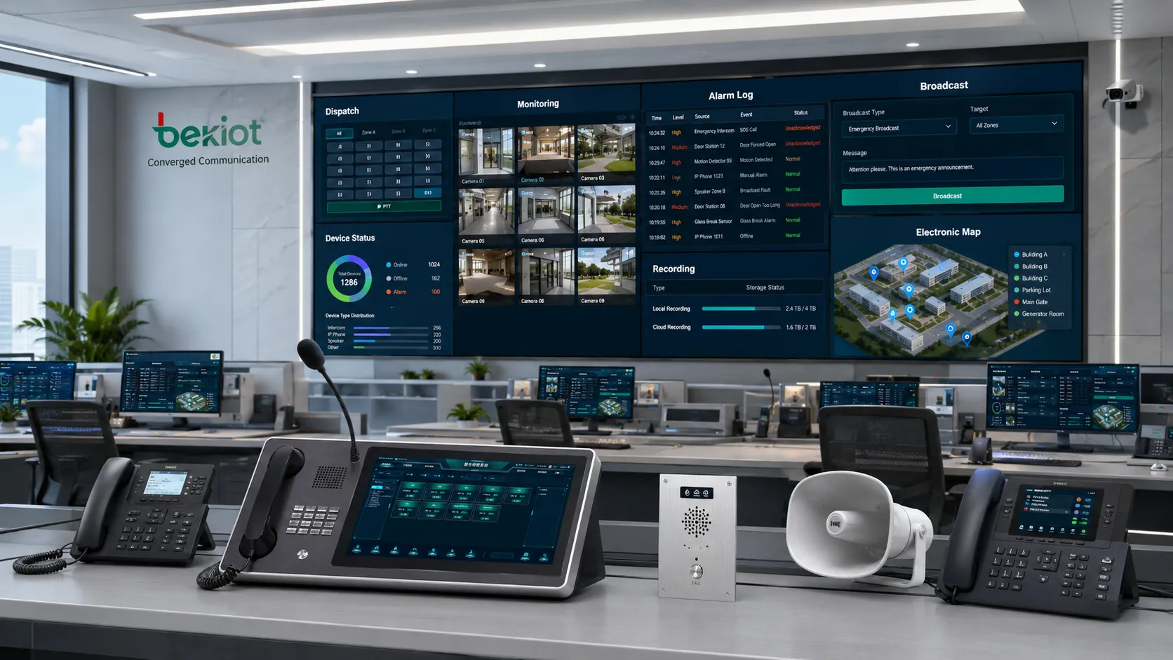 Centro de mando multimedia con consola de despacho teléfonos IP intercomunicador de emergencia altavoz de difusión enlace de alarma pantalla de vídeo y mapa electrónico