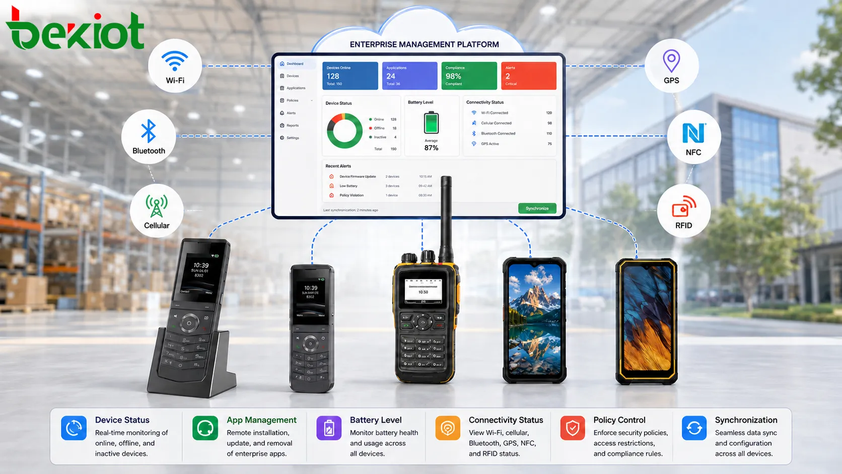 Diagrama de conectividad de dispositivo portátil con Wi-Fi, Bluetooth, red celular, GPS, NFC, RFID y plataforma de gestión empresarial