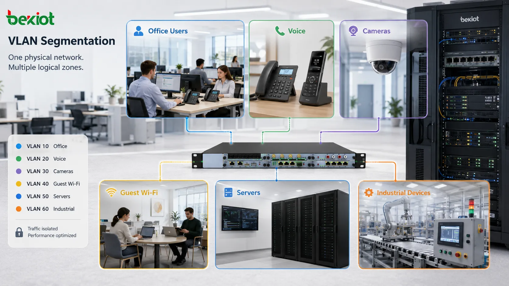 Concepto de segmentación VLAN con usuarios de oficina teléfonos IP cámaras Wi-Fi de invitados servidores y dispositivos industriales separados en zonas lógicas de red