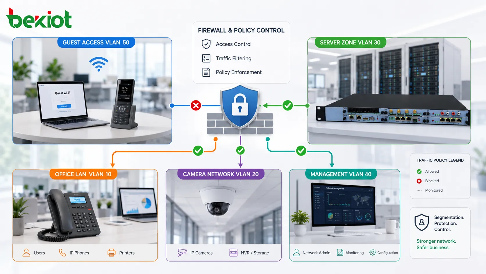 Segmentación de seguridad de red con acceso de invitados LAN de oficina red de cámaras zona de servidores VLAN de administración y control de políticas de firewall
