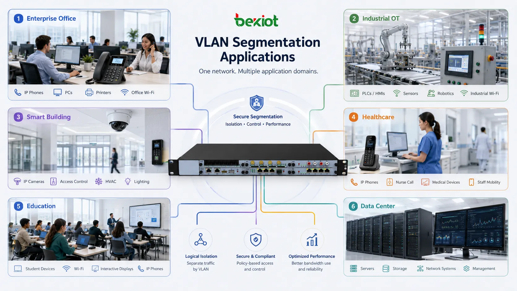 Aplicaciones de segmentación VLAN en oficina empresarial OT industrial edificio inteligente sanidad educación y diseño de centros de datos