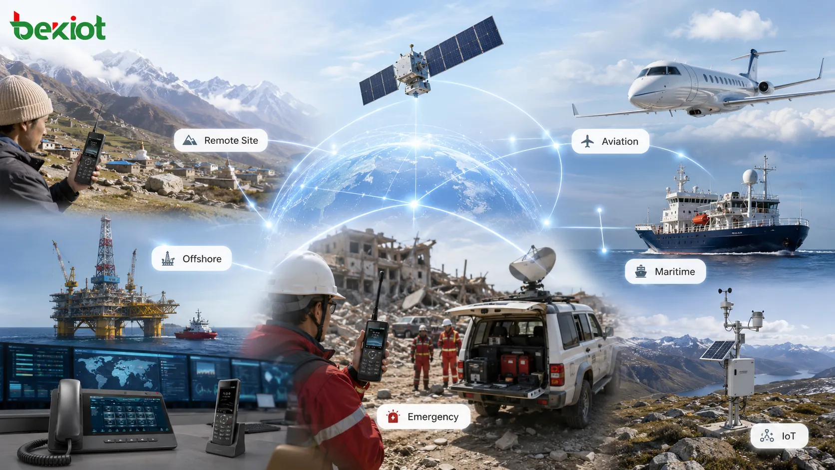 casos de uso de comunicación satelital con aldea remota, plataforma offshore, avión, barco, vehículo de respuesta ante desastres y red de sensores IoT