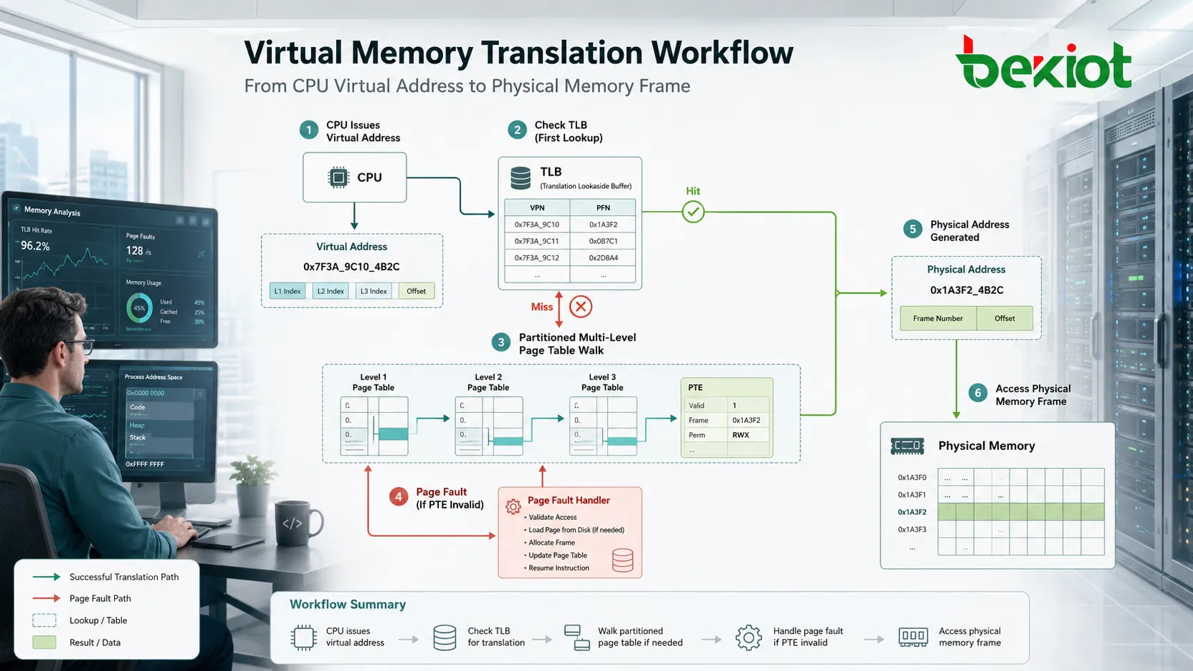 Flujo de traducción de memoria virtual con dirección de CPU, búsqueda TLB, recorrido de tabla y marco físico