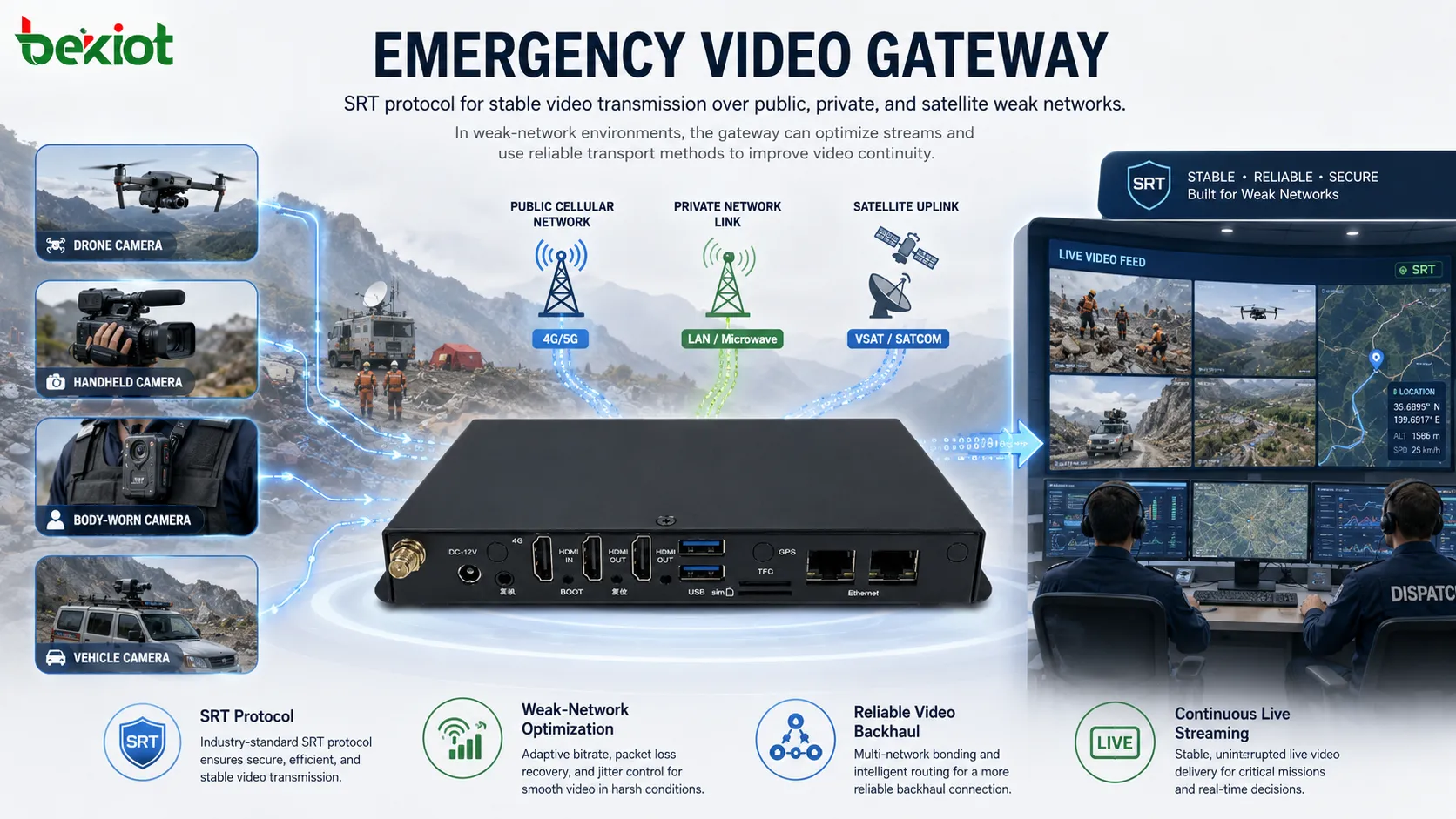 Puerta de enlace de video de emergencia que usa el protocolo SRT para transmisión de video estable sobre redes públicas, privadas y satelitales débiles