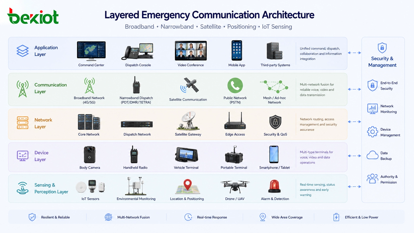 Arquitectura de comunicaciones de emergencia en capas con redes de banda ancha, despacho de banda estrecha, enlaces satelitales y detección por IoT