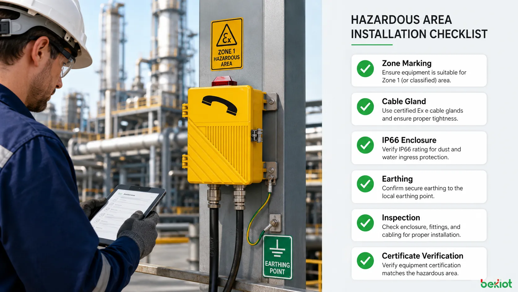 Lista de instalación de área peligrosa para equipos Ex e con clasificación de zona marcado Ex prensaestopas envolvente IP66 puesta a tierra inspección y verificación del certificado