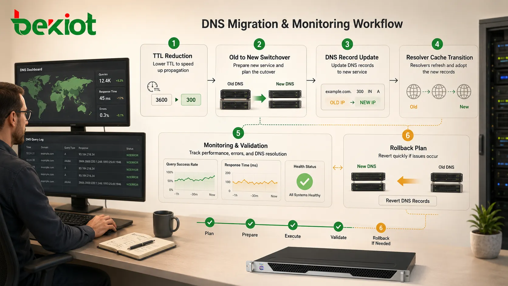 Flujo de migración DNS con reducción de TTL, servidor antiguo, servidor nuevo, actualización de registros, caché del resolver, supervisión y plan de reversión