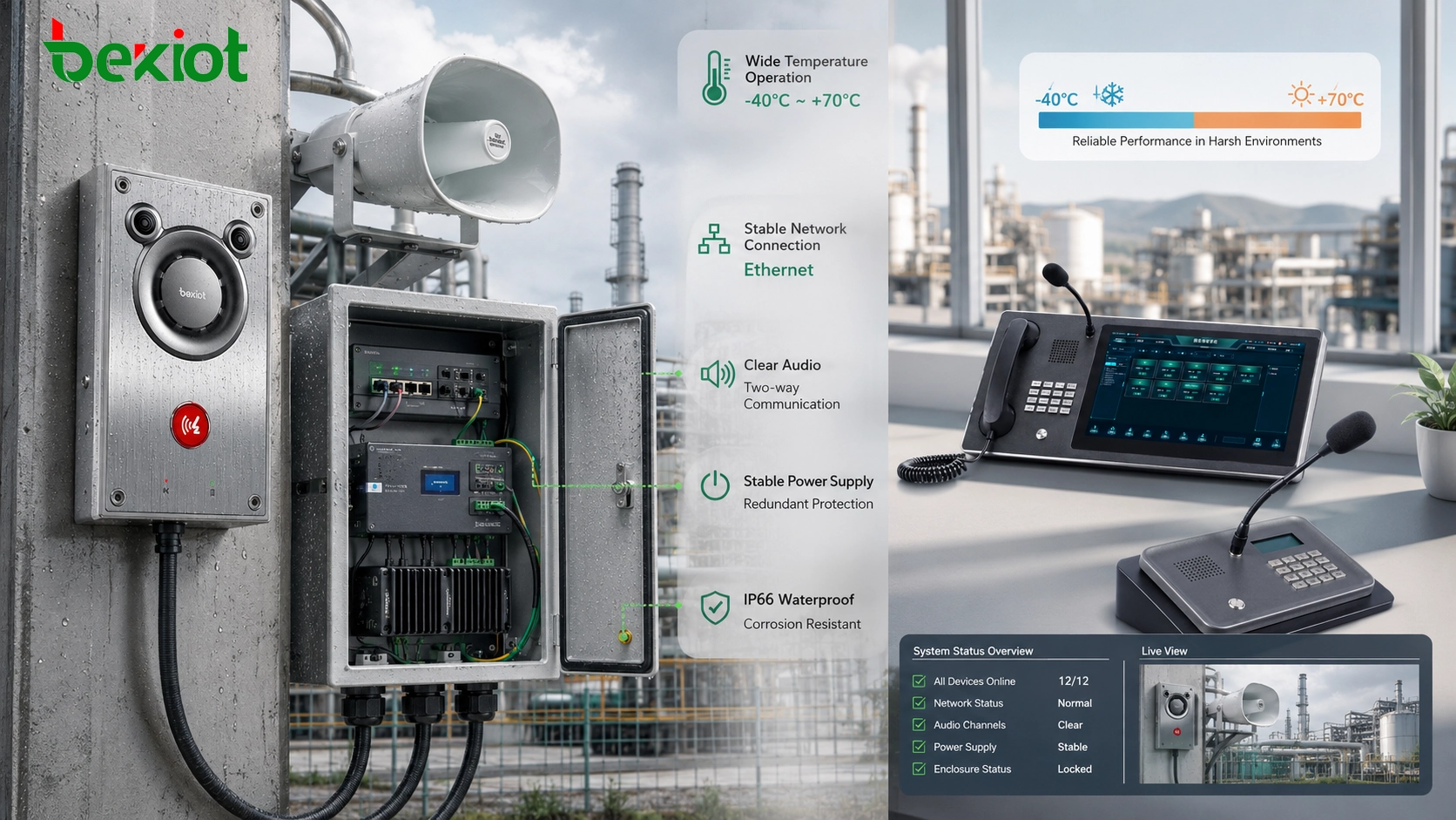 Equipo de comunicación industrial en operación de amplio rango de temperatura con gabinete exterior Ethernet módulo de alimentación altavoz micrófono ciclos térmicos y plataforma de monitoreo remoto