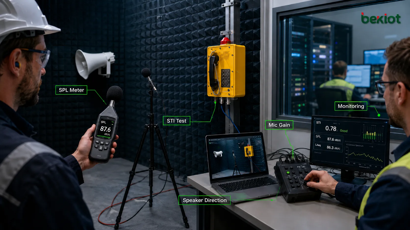Puesta en servicio de reducción acústica de ruido con sonómetro prueba de inteligibilidad ajuste de ganancia dirección de altavoz y monitoreo de sala de control
