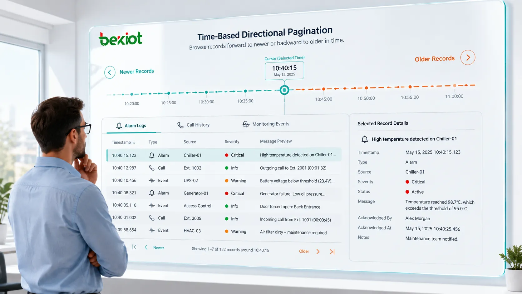 Paginación direccional basada en tiempo con cursor temporal, alarmas, historial de llamadas y eventos de monitoreo