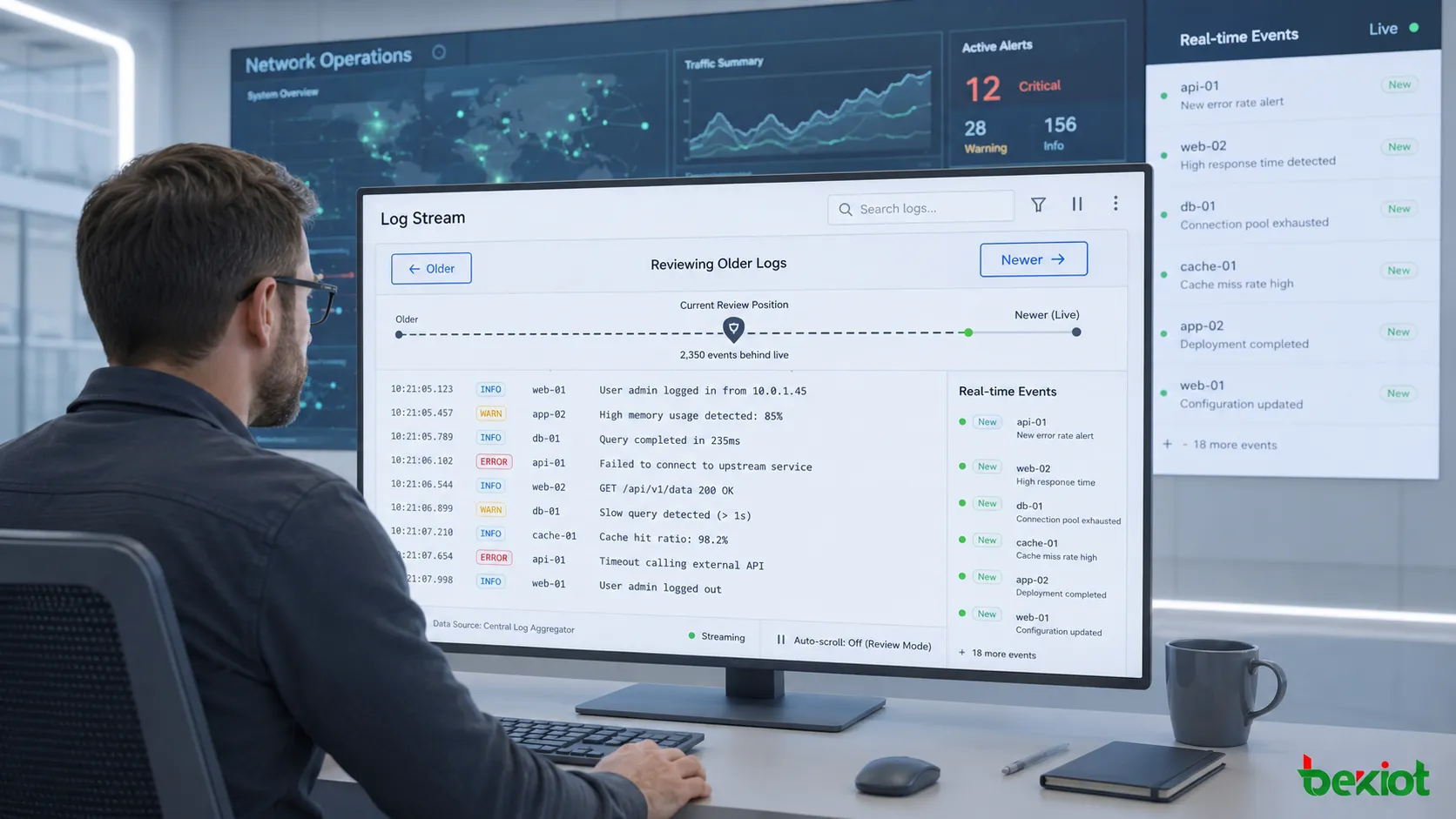 Paginación direccional en un panel de monitoreo con flujo de logs, cursor, eventos en tiempo real y posición estable